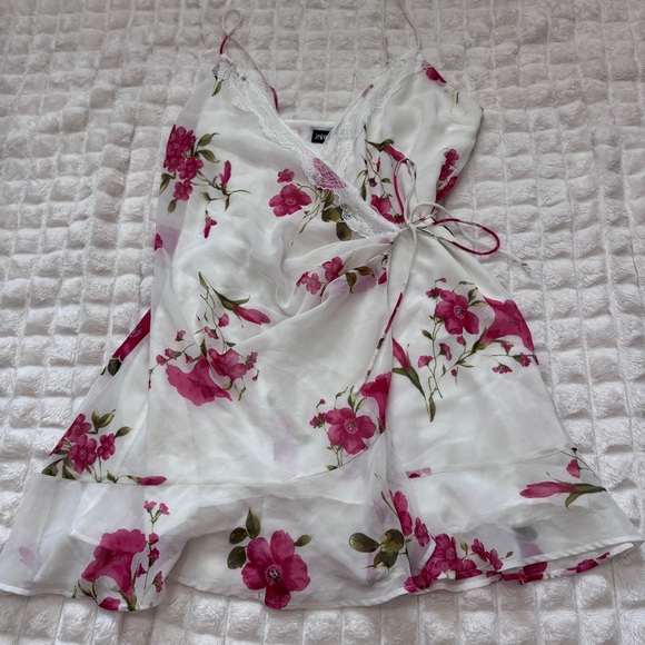 Zara Small White Pink Floral Mini Wrap Satin Slip Dress - Picture 4 of 8